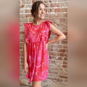 Jodifl vibrant pink and red butterfly-print dress. Size Mediun